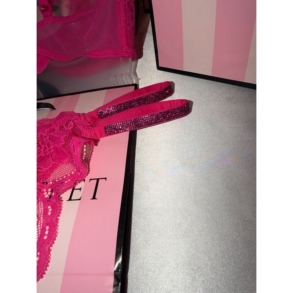 Victorias Secret Bra Very Sexy Bling Strap Set Pink Fusia 32B Small Thong - Picture 6 of 9